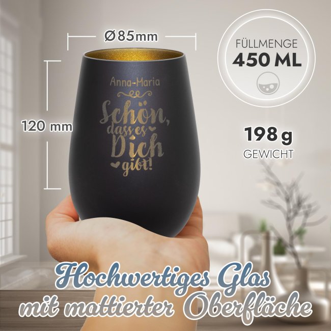 Schwarzes Windlicht mit Gravur - Sch&ouml;n, dass es dich gibt - mit Name - inkl. Teelicht - Innen Gold