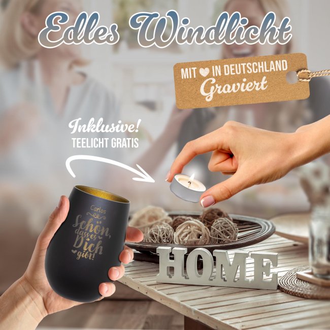 Schwarzes Windlicht mit Gravur - Sch&ouml;n, dass es dich gibt - mit Name - inkl. Teelicht - Innen Gold
