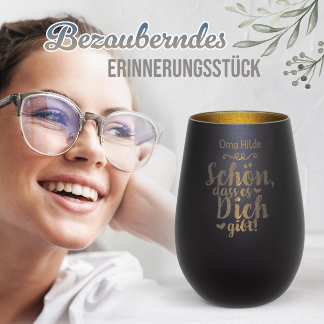 Schwarzes Windlicht mit Gravur - Sch&ouml;n, dass es dich gibt - mit Name - inkl. Teelicht - Innen Gold