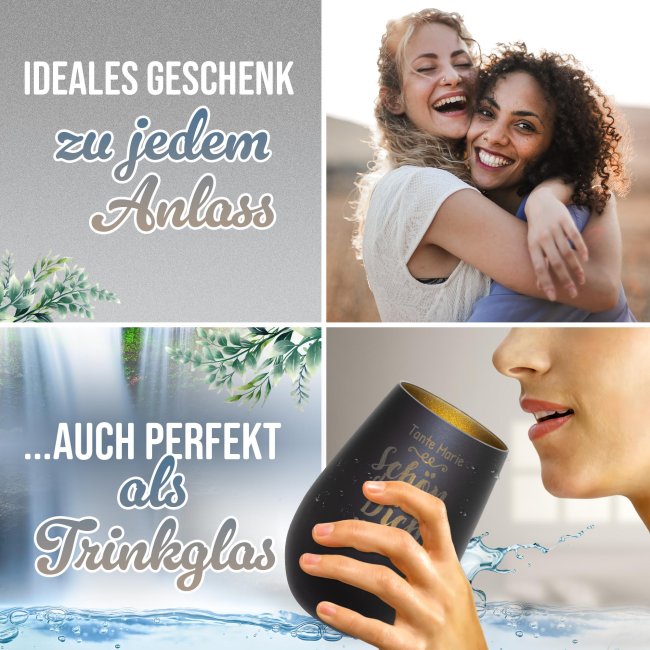 Schwarzes Windlicht mit Gravur - Sch&ouml;n, dass es dich gibt - mit Name - inkl. Teelicht - Innen Gold