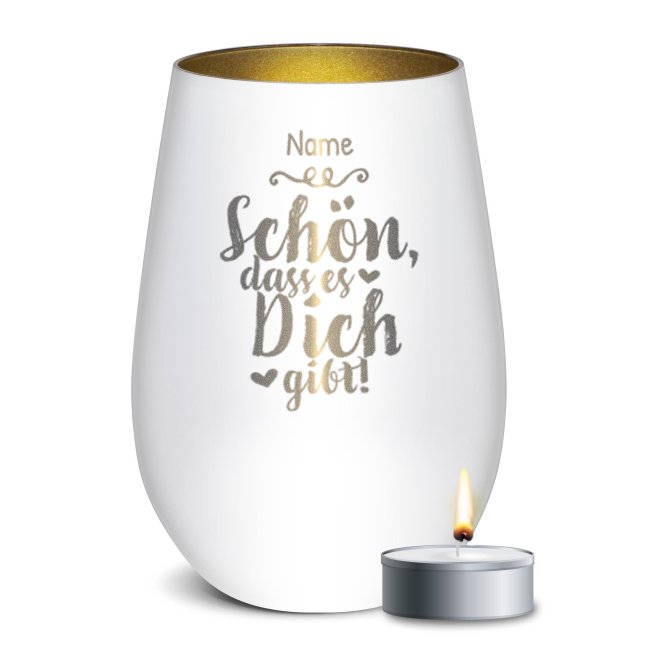 Wei&szlig;es Windlicht mit Gravur - Sch&ouml;n, dass es dich gibt - mit Name - inkl. Teelicht - Innen Gold