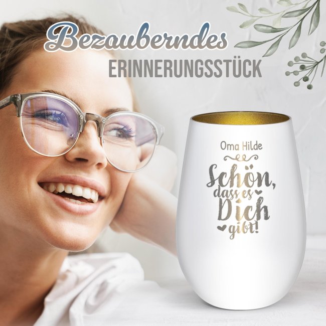 Wei&szlig;es Windlicht mit Gravur - Sch&ouml;n, dass es dich gibt - mit Name - inkl. Teelicht - Innen Gold