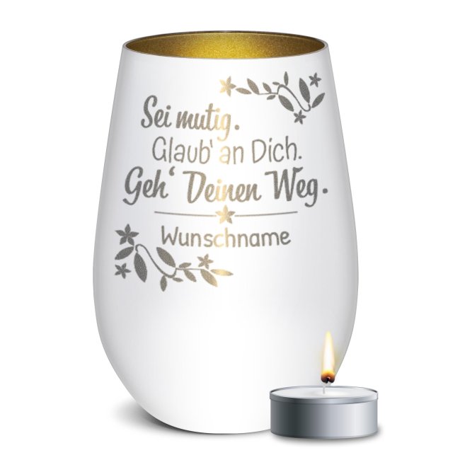Wei&szlig;es Windlicht mit Gravur - Geh deinen Weg - mit Name - inkl. Teelicht - Innen Gold
