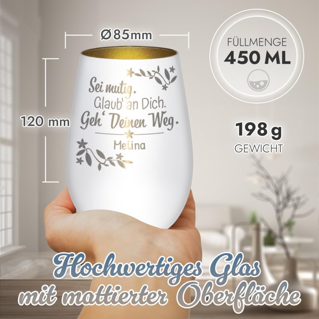 Wei&szlig;es Windlicht mit Gravur - Geh deinen Weg - mit Name - inkl. Teelicht - Innen Gold