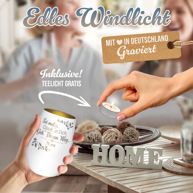 Wei&szlig;es Windlicht mit Gravur - Geh deinen Weg - mit Name - inkl. Teelicht - Innen Gold