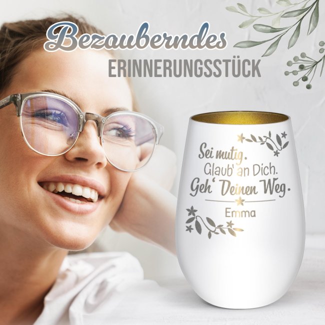 Wei&szlig;es Windlicht mit Gravur - Geh deinen Weg - mit Name - inkl. Teelicht - Innen Gold
