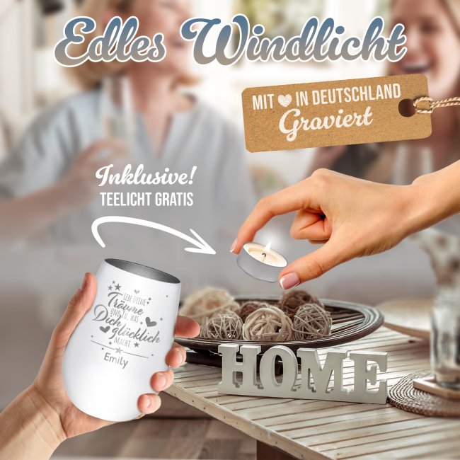 Wei&szlig;es Windlicht mit Gravur - Lebe deine Tr&auml;ume - mit Name - inkl. Teelicht - Innen Silber