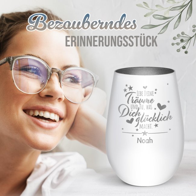 Wei&szlig;es Windlicht mit Gravur - Lebe deine Tr&auml;ume - mit Name - inkl. Teelicht - Innen Silber