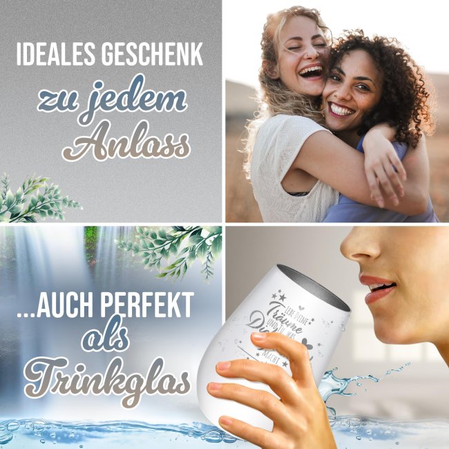 Wei&szlig;es Windlicht mit Gravur - Lebe deine Tr&auml;ume - mit Name - inkl. Teelicht - Innen Silber