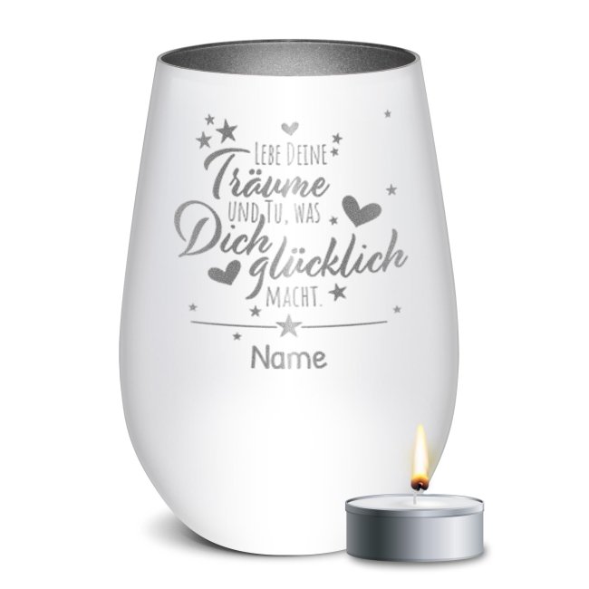 Wei&szlig;es Windlicht mit Gravur - Lebe deine Tr&auml;ume - mit Name - inkl. Teelicht - Innen Silber