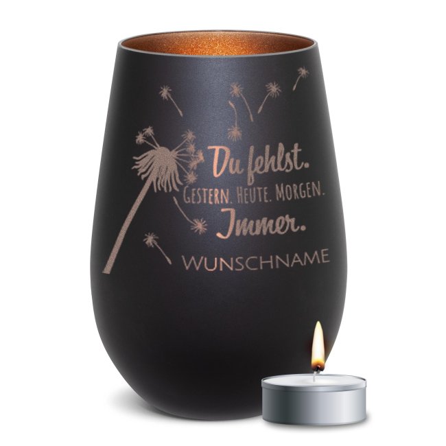 Schwarzes Trauerlicht - Du fehlst - mit Name - inkl. Teelicht - Innen Bronze
