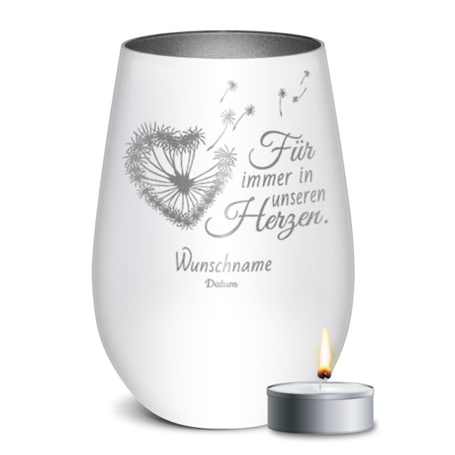 Wei&szlig;es Trauerlicht - F&uuml;r immer in unseren Herzen - mit Name &amp; Datum - inkl. Teelicht - Innen Silber