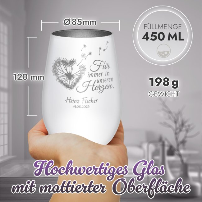 Wei&szlig;es Trauerlicht - F&uuml;r immer in unseren Herzen - mit Name &amp; Datum - inkl. Teelicht - Innen Silber