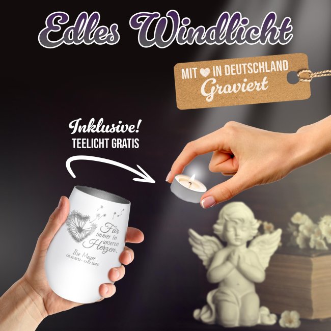Wei&szlig;es Trauerlicht - F&uuml;r immer in unseren Herzen - mit Name &amp; Datum - inkl. Teelicht - Innen Silber