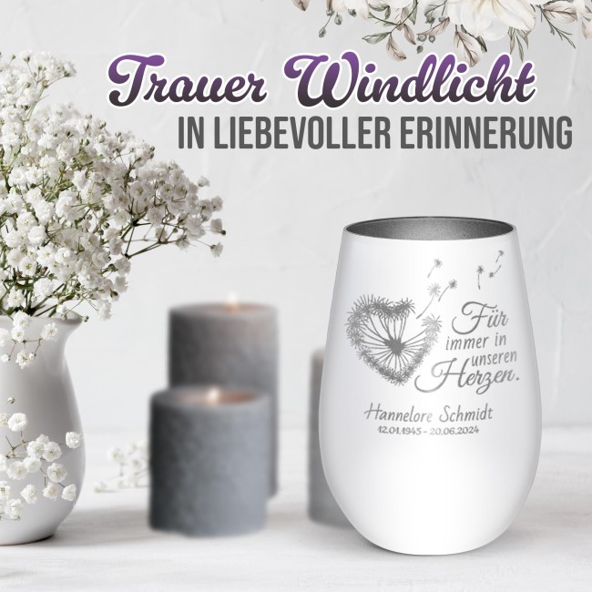 Wei&szlig;es Trauerlicht - F&uuml;r immer in unseren Herzen - mit Name &amp; Datum - inkl. Teelicht - Innen Silber