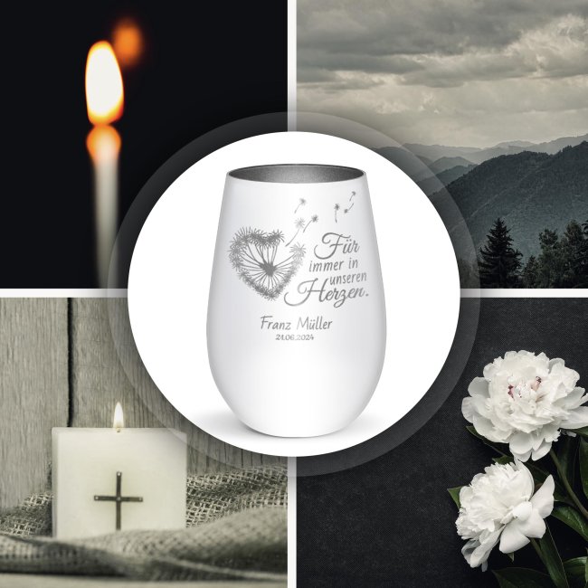 Wei&szlig;es Trauerlicht - F&uuml;r immer in unseren Herzen - mit Name &amp; Datum - inkl. Teelicht - Innen Silber