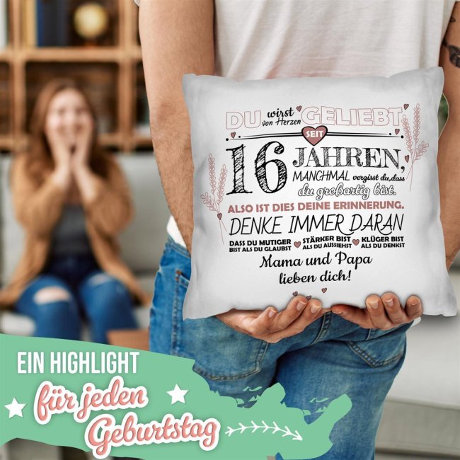 Kissen mit Spruch zum 16. Geburtstag - mit Wunschtext - Wei&szlig; glatt