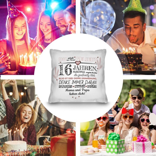 Kissen mit Spruch zum 16. Geburtstag - mit Wunschtext - Wei&szlig; glatt