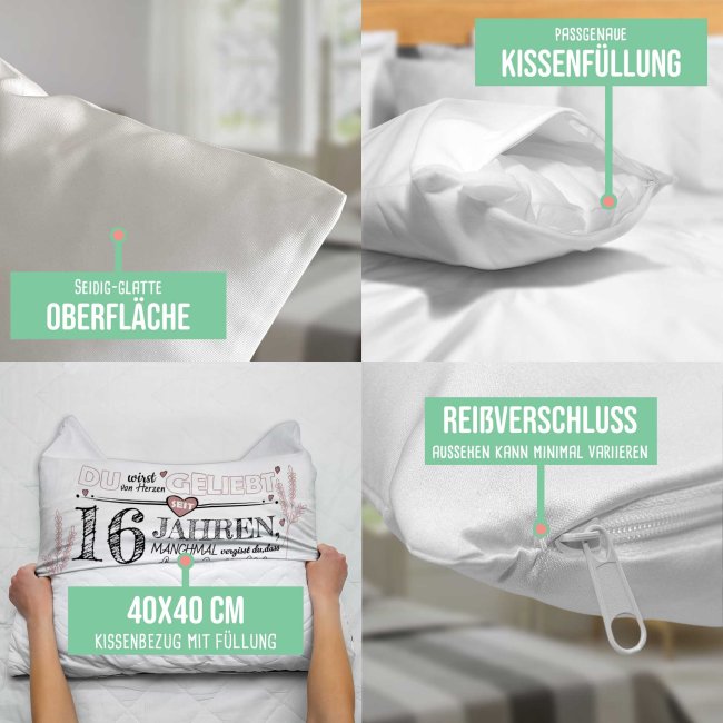 Kissen mit Spruch zum 16. Geburtstag - mit Wunschtext - Wei&szlig; glatt