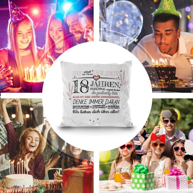 Kissen mit Spruch zum 18. Geburtstag - mit Wunschtext - Wei&szlig; Flauschig