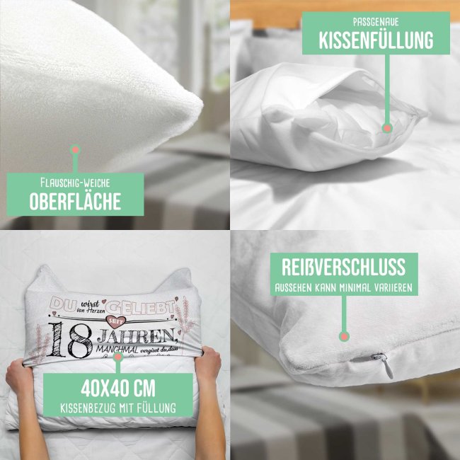 Kissen mit Spruch zum 18. Geburtstag - mit Wunschtext - Wei&szlig; Flauschig