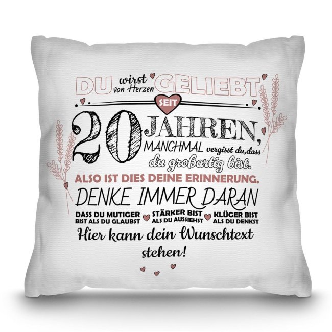 Kissen mit Spruch zum 20. Geburtstag - mit Wunschtext - Wei&szlig; glatt