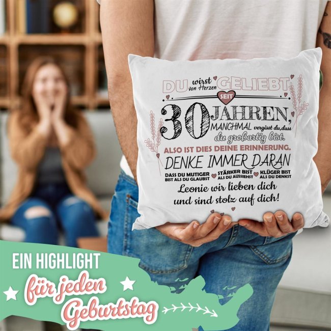 Kissen mit Spruch zum 30. Geburtstag - mit Wunschtext - Wei&szlig; Flauschig