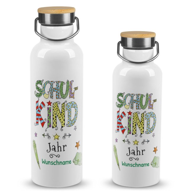 Trinkflasche mit Bambusdeckel zur Einschulung - Schulkind, gr&uuml;n - mit Name &amp; Jahr selbst gestalten