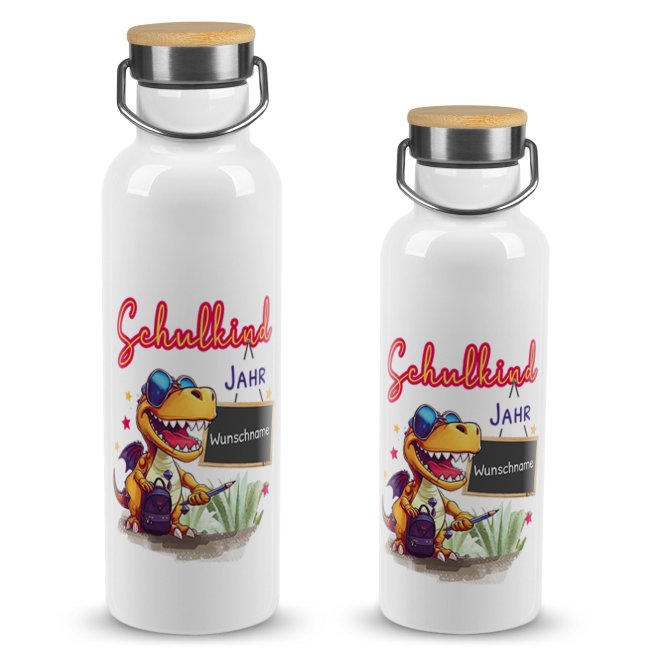 Trinkflasche mit Bambusdeckel zur Einschulung - Schulkind Dino - mit Name &amp; Jahr gestalten