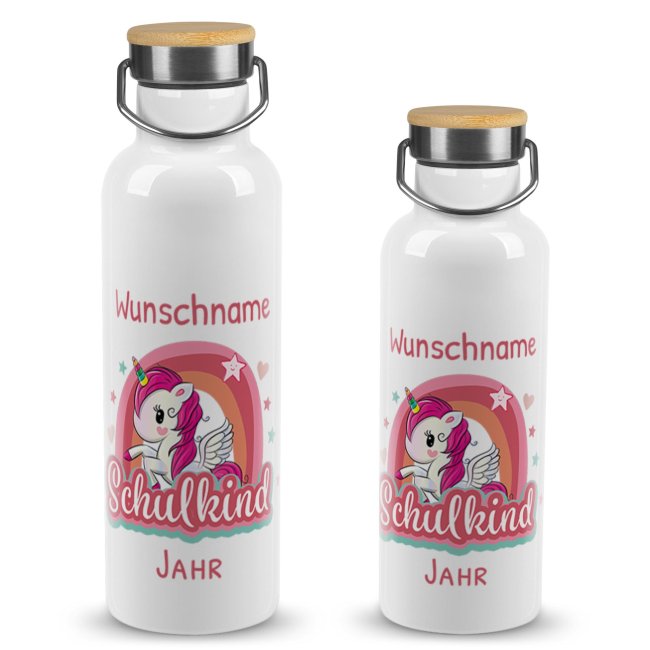 Trinkflasche mit Bambusdeckel zur Einschulung - Schulkind Einhorn - mit Name &amp; Jahr gestalten