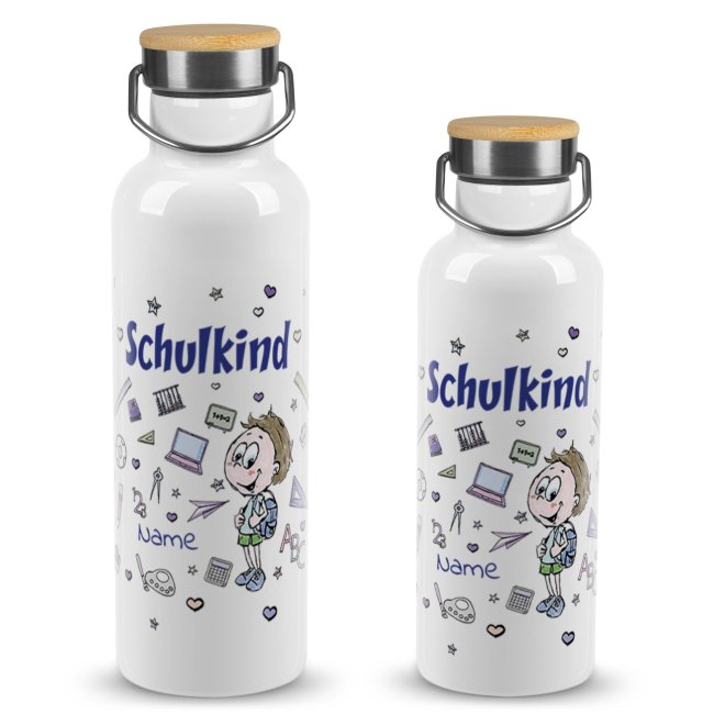 Trinkflasche mit Bambusdeckel zur Einschulung - Schulkind Junge - mit Name selbst gestalten