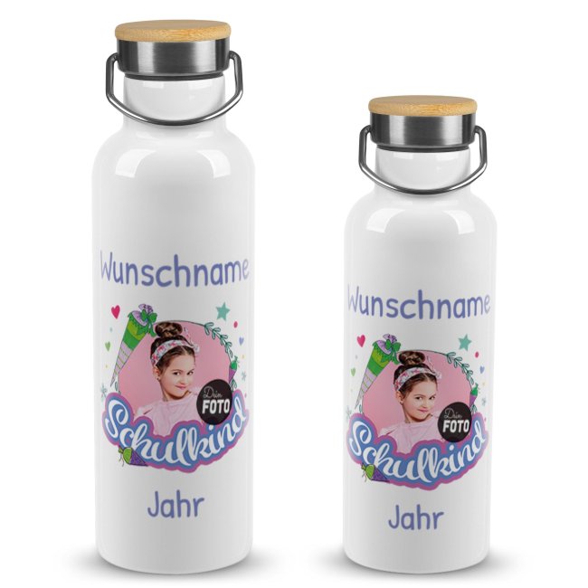 Trinkflasche mit Bambusdeckel zur Einschulung - mit Foto, Name &amp; Jahr - Schulkind rosa