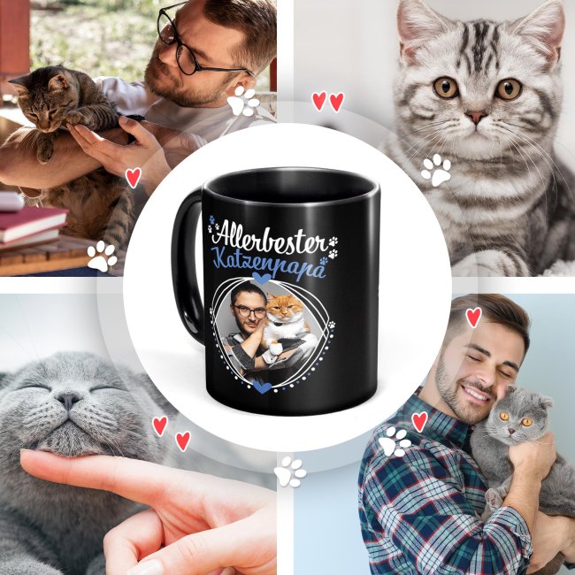 Schwarze Tasse - Allerbester Katzenpapa - mit Foto