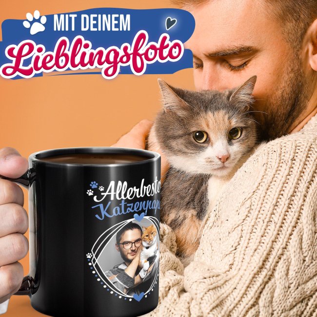 Schwarze Tasse - Allerbester Katzenpapa - mit Foto