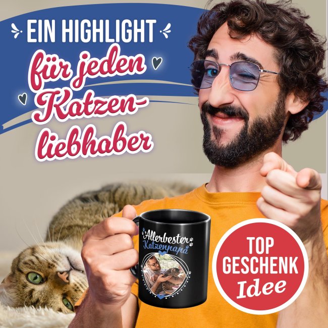 Schwarze Tasse - Allerbester Katzenpapa - mit Foto