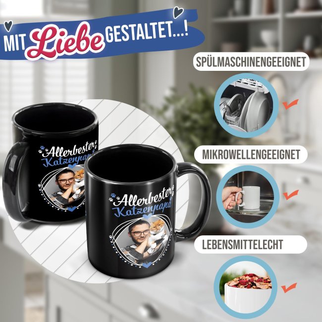 Schwarze Tasse - Allerbester Katzenpapa - mit Foto