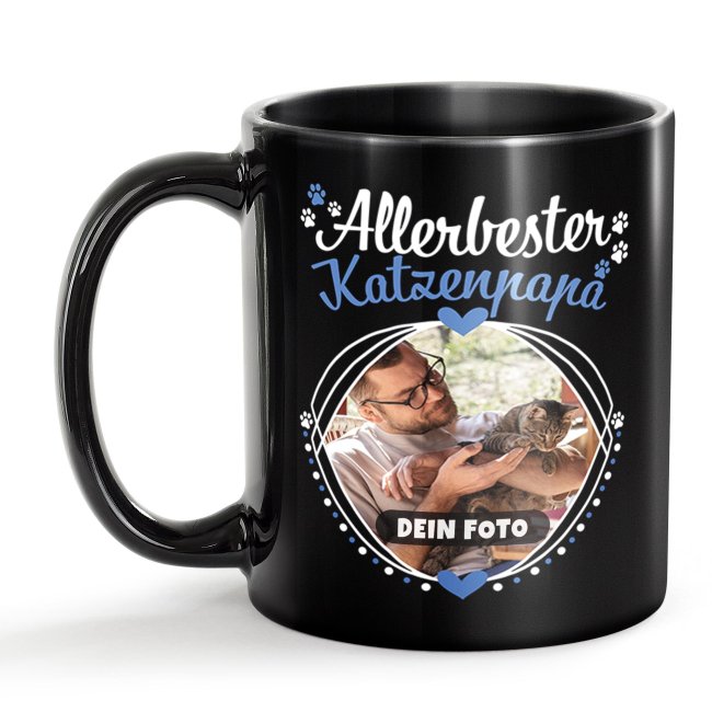 Schwarze Tasse - Allerbester Katzenpapa - mit Foto