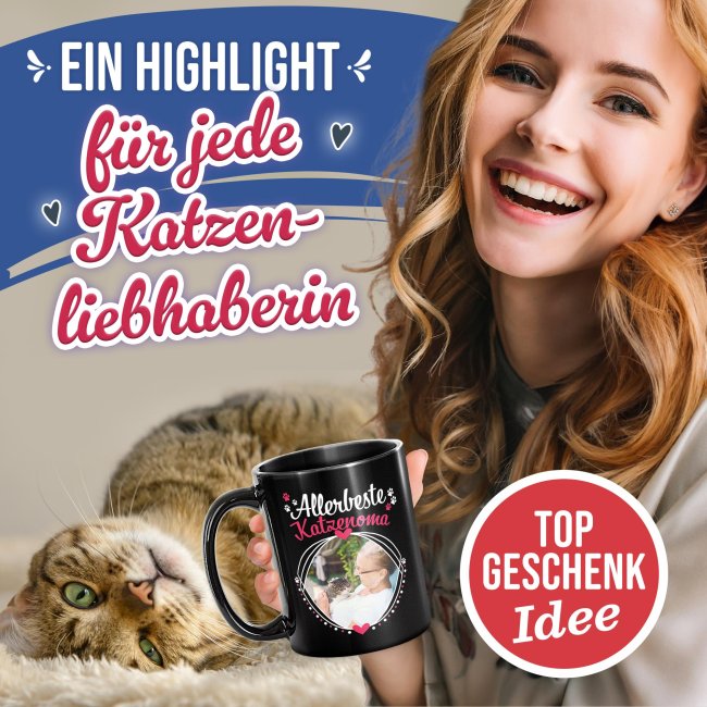 Schwarze Tasse - Allerbeste Katzenoma - mit Foto