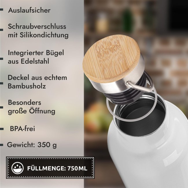 Trinkflasche mit Bambusdeckel - Wildblumen - mit Name - Wei&szlig; 750 ml
