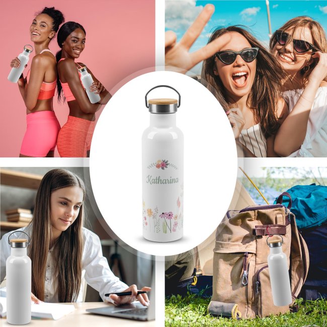 Trinkflasche mit Bambusdeckel - Wildblumen - mit Name - Wei&szlig; 750 ml