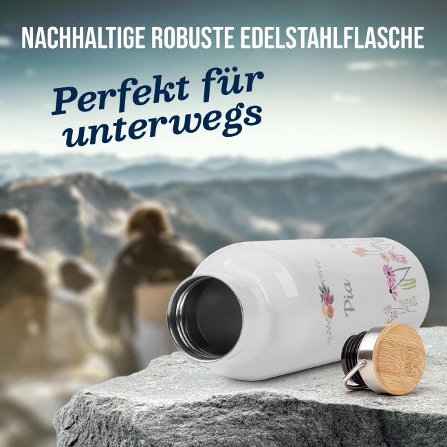 Trinkflasche mit Bambusdeckel - Wildblumen - mit Name - Wei&szlig; 750 ml