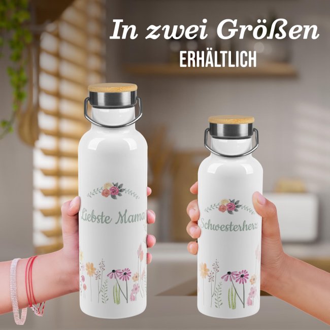 Trinkflasche mit Bambusdeckel - Wildblumen - mit Name - Wei&szlig; 750 ml