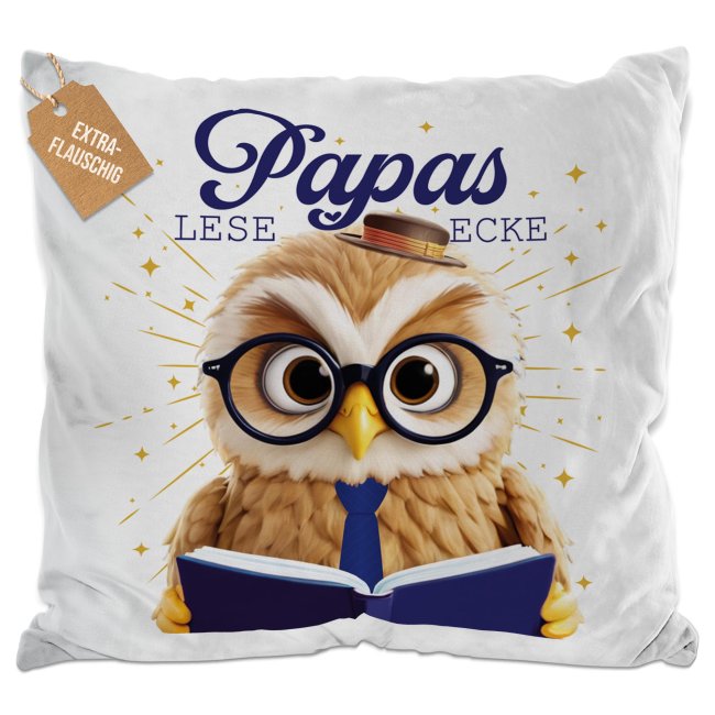 Kissen - Papas Leseecke - Eule - Wei&szlig; Flauschig