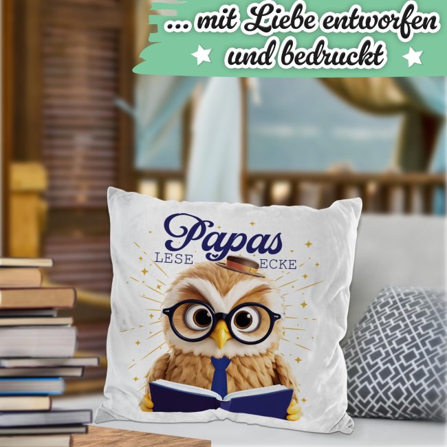 Kissen - Papas Leseecke - Eule - Wei&szlig; Flauschig