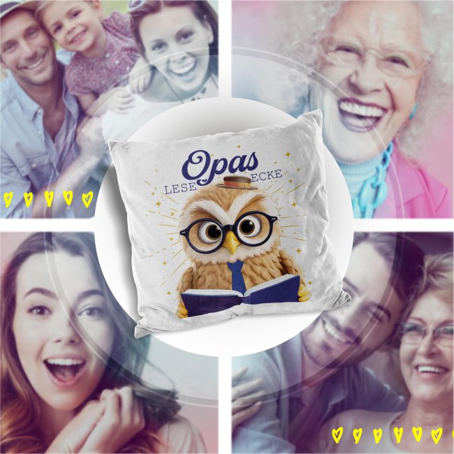 Kissen - Opas Leseecke - Eule - Wei&szlig; Flauschig
