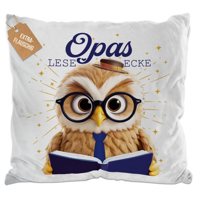 Kissen - Opas Leseecke - Eule - Wei&szlig; Flauschig