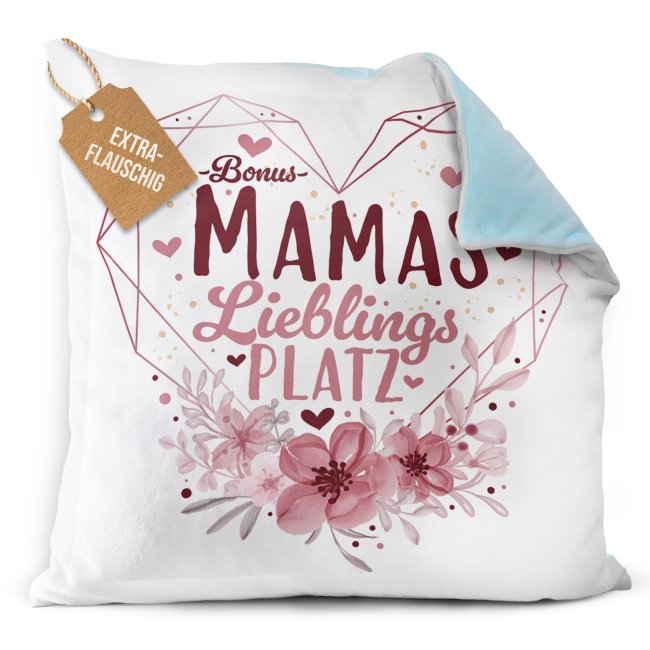 Kissen - Bonusmamas Lieblingsplatz - Herz - Hellblau Flauschig