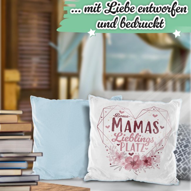 Kissen - Bonusmamas Lieblingsplatz - Herz - Hellblau Flauschig