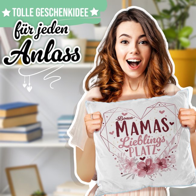 Kissen - Bonusmamas Lieblingsplatz - Herz - Hellblau Flauschig