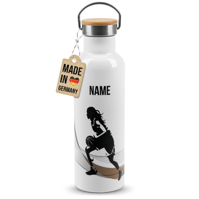 Trinkflasche mit Bambusdeckel - Basketball Silhouette Frau - mit Name - Wei&szlig;